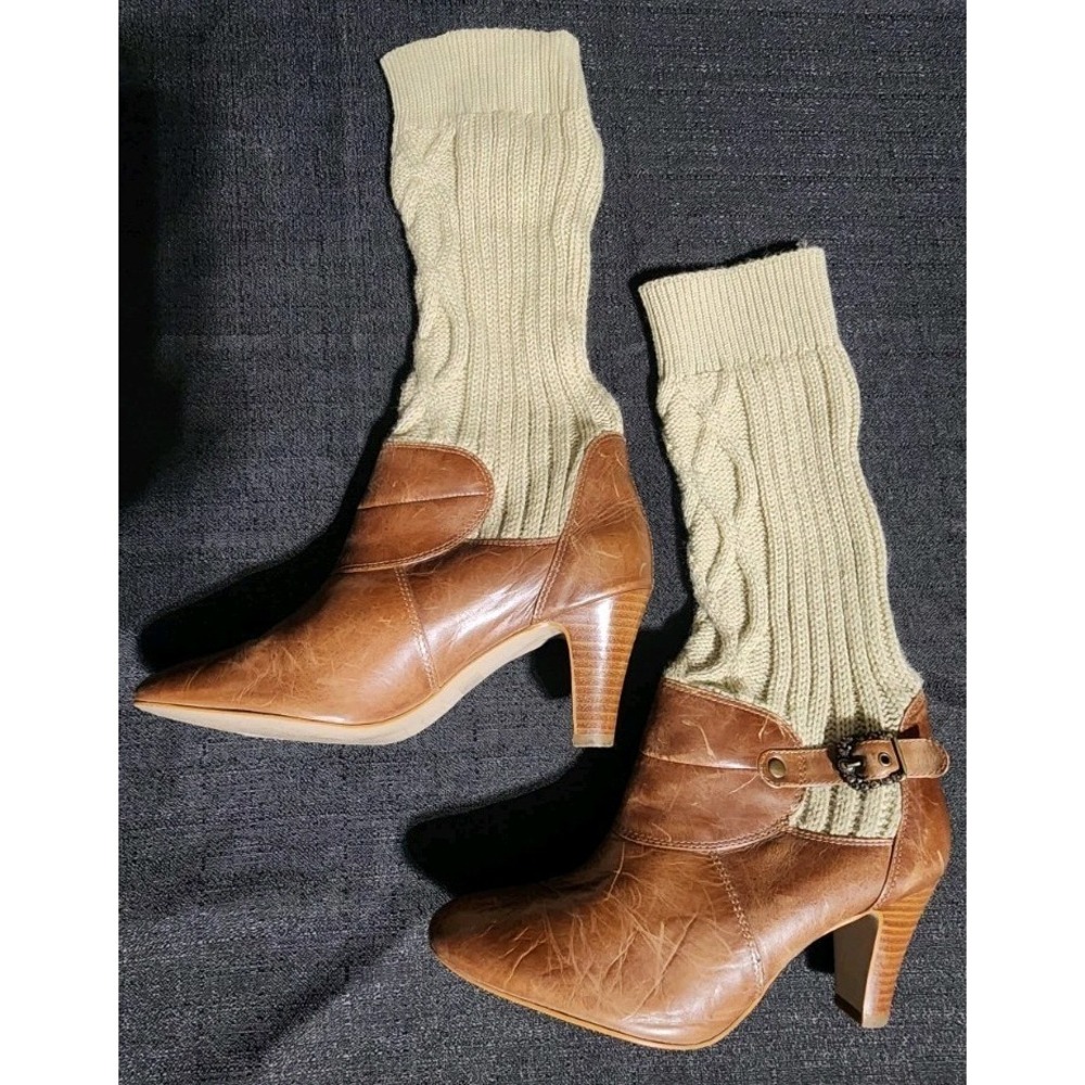 Diba Brown Leather Tan Sweater Boots Heels Pull On Womens Size 6.5 37 Brazil EUC